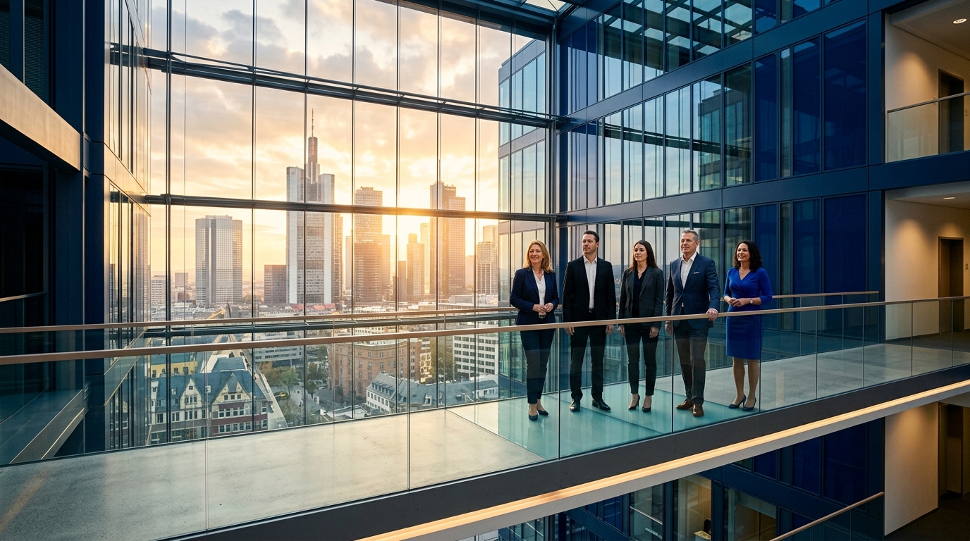 UIX Technologies Vision - Forward-looking technology leadership team in a modern European innovation campus atrium overlooking sunrise